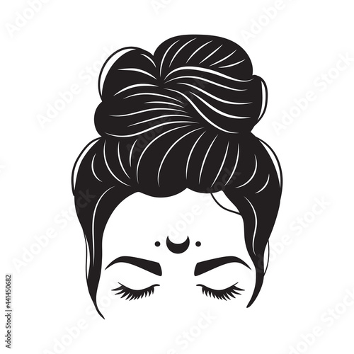 Mystical woman messy bun and moon. Woman silhouette with hair and long eyelashes. Vector illustration