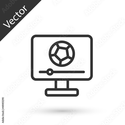 Grey line Football soccer match on TV icon isolated on white background. Football online concept. Vector