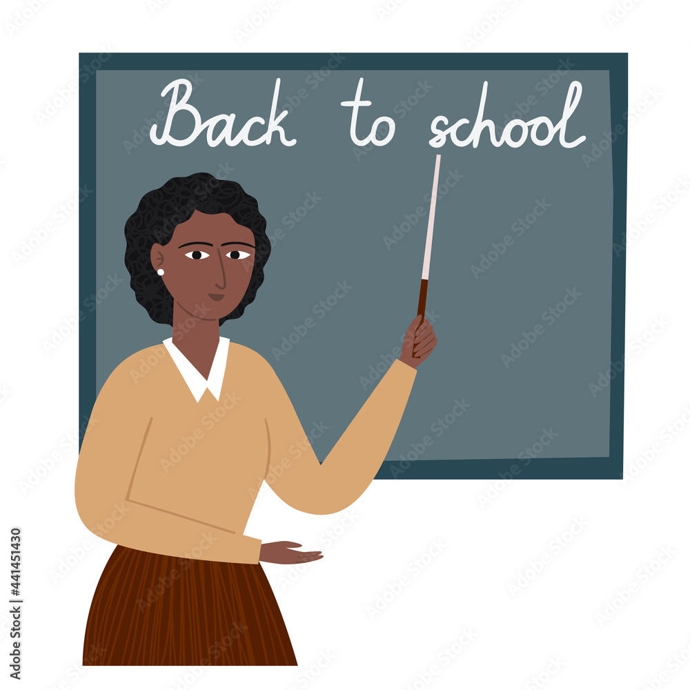 Hand drawn flat young female teacher with a pointer vector illustration. Cartoon african woman and chalkboard with Back To School text. Teaching concept, school or college worker, educator in class Hand drawn flat young female teacher with a pointer vector illustration. Cartoon african woman and chalkboard with Back To School text. Teaching concept, school or college worker, educator in class