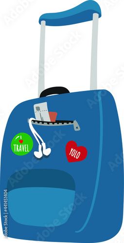 Blue Color Suitcase with Wheels and stickers. Luggage with travel documents and earphones coming out. Durable Bag for backpackers and travelers. 