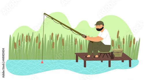 Cartoon smiling young man with beard with fishing rod on lake vector illustration. Hand drawn flat happy caucasian fisherman sitting on wooden pier with fishing pole. Summer vacation and outdoor hobby
