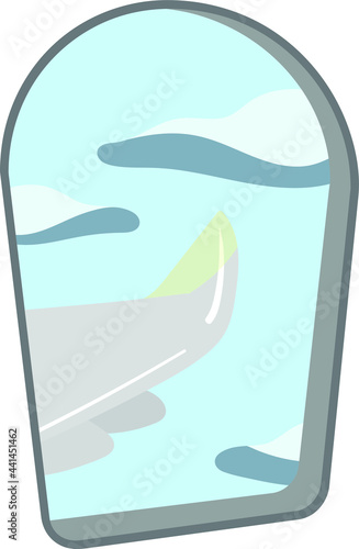Airplane Window view from inside the plane. Looking outside at airplane wing, sky and clouds. Travel Vector Graphics. Traveling for Holiday or Work.