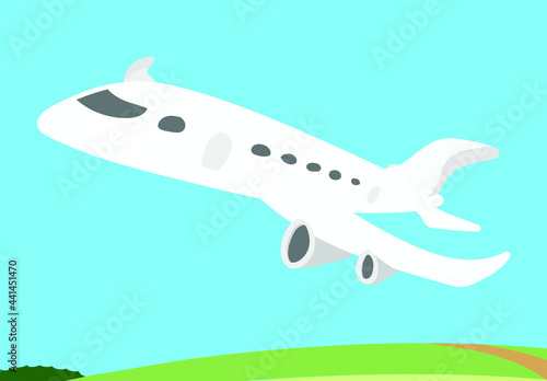 White Airplane Flying over City with a green park below and blue sky in background. Flight Vector Illustration. Pilot Flying Aircraft to Airport.