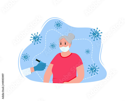 The grandmother is being vaccinated against the coronavirus. Coronavirus vaccine. Doctor with a syringe. Vector illustration.
