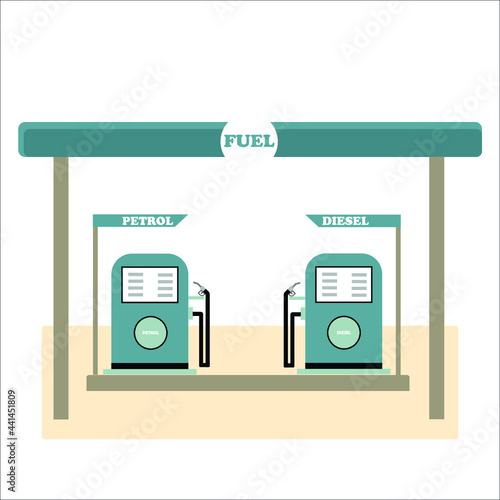 Fuel filling machine for automobiles in a gas station. Petrol and diesel filling machines for automobiles with nozzle.