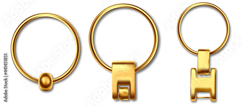Holder trinket isolated on white background. Reallistic template metal keychain set. Trinket keyring, keyholder and breloque illustration.