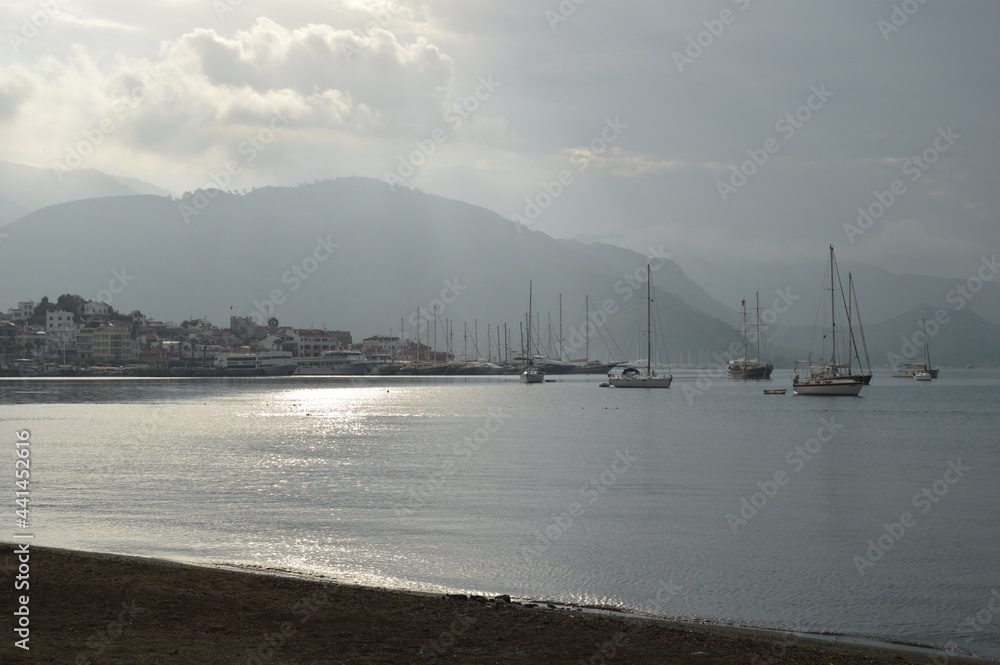 Marmaris, Turkey.. Seascape of Aegean Bay Sea with yachts before the rain.