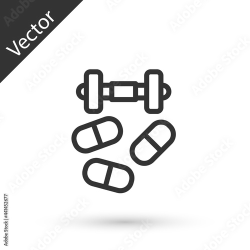 Grey line Sports doping, anabolic drugs with dumbbell icon isolated on white background. Anabolic steroids tablet. Pills in jar. Vector