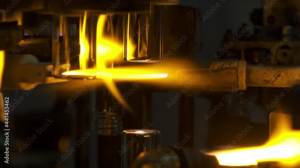 Close-Up Lockdown Shot Of Flames On Glass Manufacturing In Factory - Stuttgart, Germany Close-Up Lockdown Shot Of Flames On Glass Manufacturing In Factory - Stuttgart, Germany