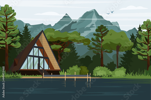 Modern house in the woods with mountain views. Traditional Swiss chalet in the Highlands of the National Park. Lonely house in a forest landscape in flat design for a banner, brochures, advertising
