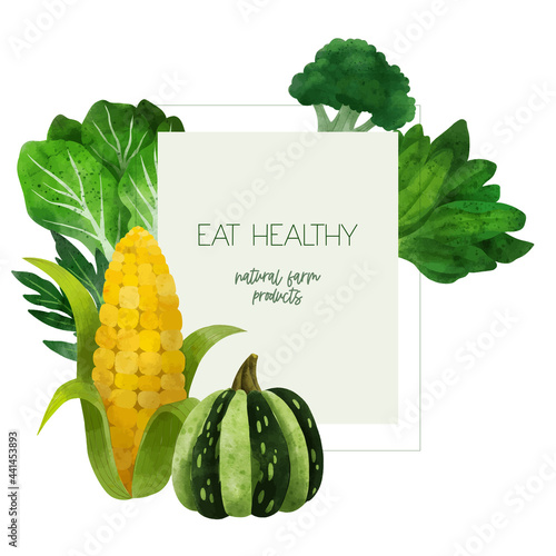 Summer veggies banner, hand drawn vector watercolor illustration