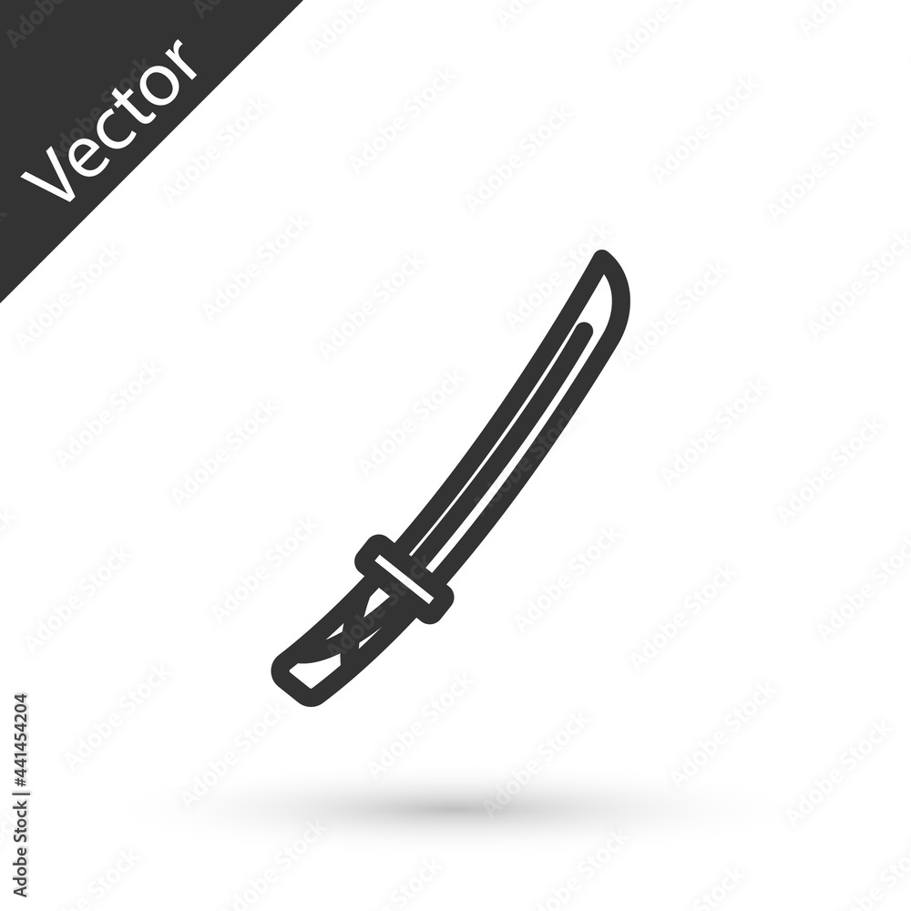 Grey line Traditional Japanese katana icon isolated on white background. Japanese sword. Vector Grey line Traditional Japanese katana icon isolated on white background. Japanese sword. Vector