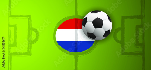 Green football grass field with the Netherlands, Dutch flag and Soccer ball. Flat vector background banner for EK, WK play model. Sport finale game. Team sports. Foot ball sign. Holland. 2020, 2021, 2