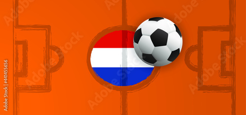 Green football grass field with the Netherlands, Dutch flag and Soccer ball. Flat vector orange background banner for EK, WK play model. Sport finale game. Team sports. Foot ball sign. Holland. 2020, 