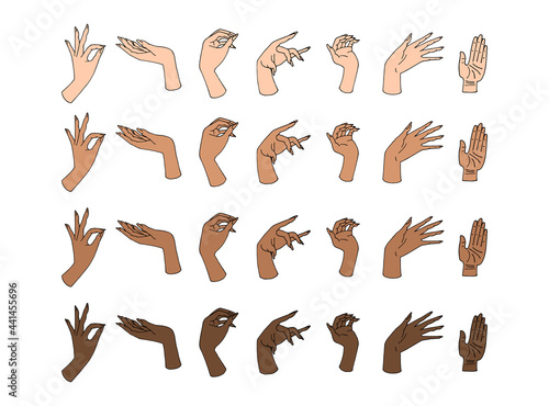 Line art illustration of hand drawn female hands set. Defferent skin tones. Isolated on white background.