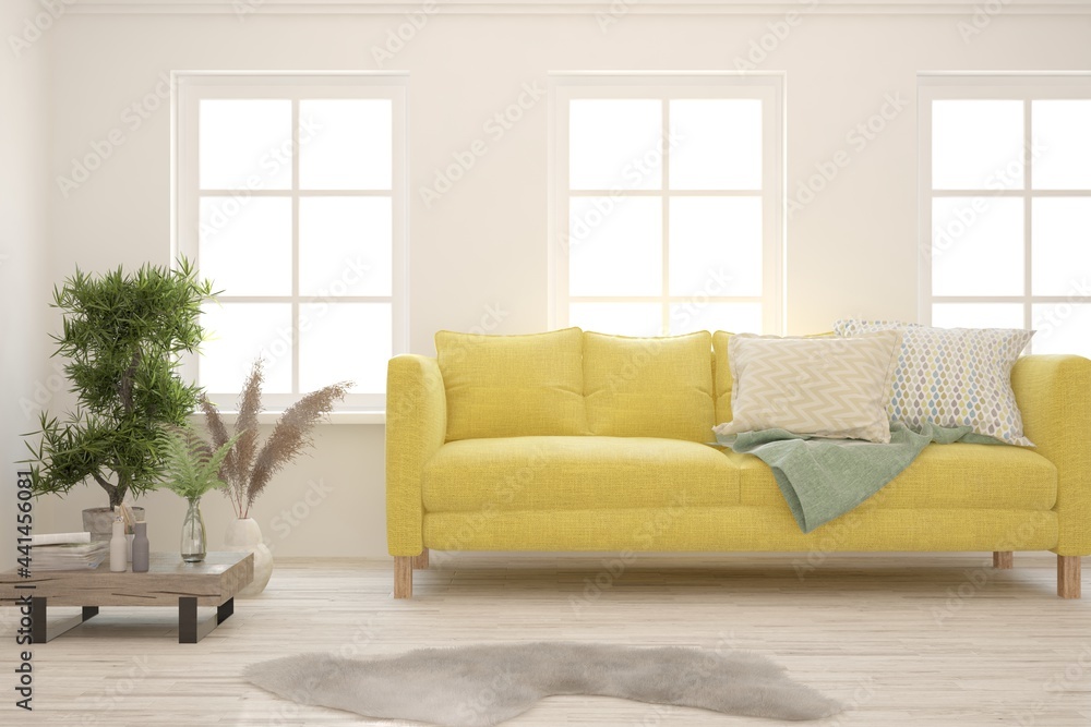 Fototapeta premium White living room with sofa. Scandinavian interior design. 3D illustration