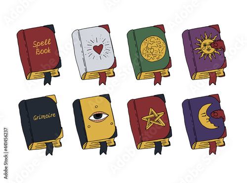 Line art illustration of hand drawn magic books. Spell books set. Isolated on white background.