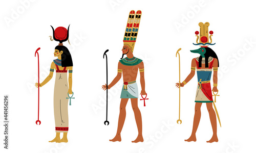 Hathor, Amun and Anubis as Ancient Egyptian Deity and Goddess Vector Set