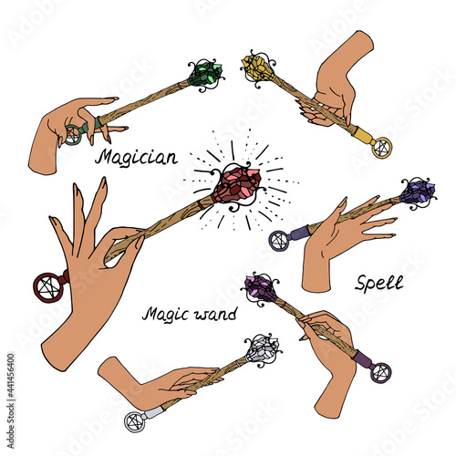 Set of line art illustrations of hand drawn witch hands holding magic wands. Isolated on white background.