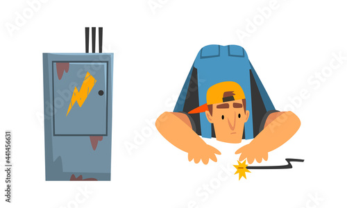 Man Electrician in Blue Overall with Professional Tools Engaged in Maintenance and Repair Electrical Infrastructure Vector Set