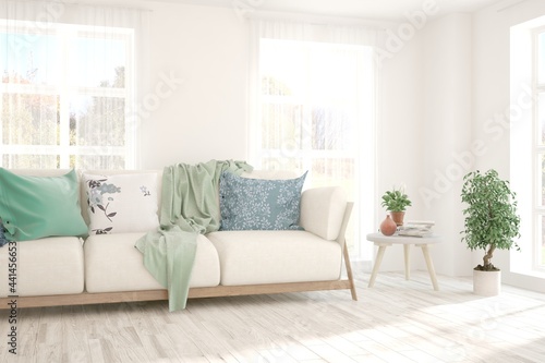 White living room with sofa. Scandinavian interior design. 3D illustration