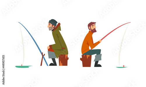 Bearded Male Fisherman with Fishing Rod Angling at River Bank Vector Set