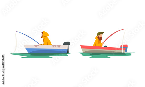 Bearded Male Fisherman with Fishing Rod Angling Sitting in Boat Vector Set