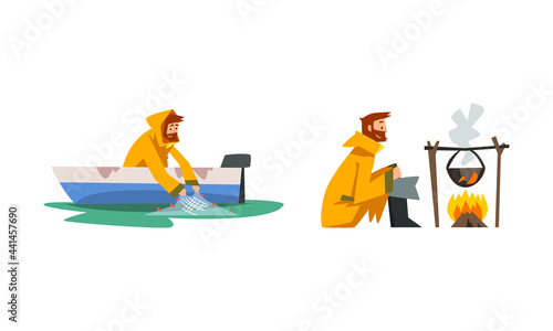 Bearded Male Fisherman with Fishing Net Angling in Boat and Boiling Soup in Cauldron Vector Set