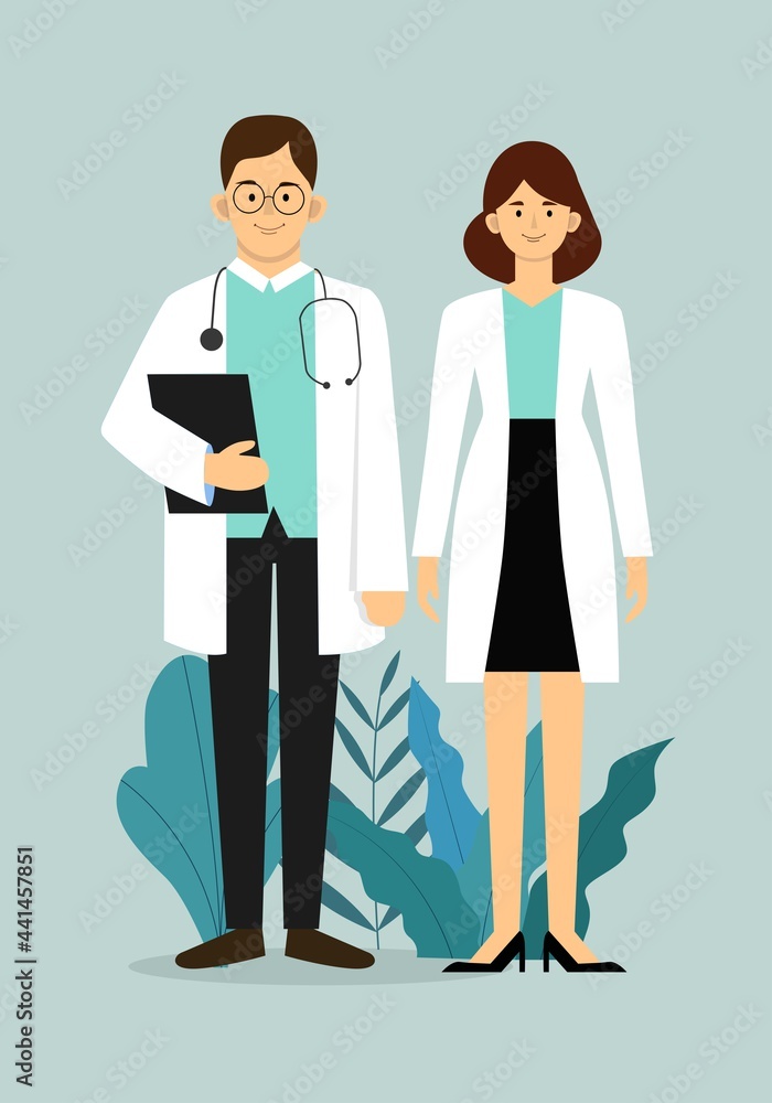 Male and female doctors isolated on blue background. Man and woman profession characters. Vector illustration Male and female doctors isolated on blue background. Man and woman profession characters. Vector illustration