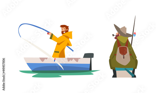 Bearded Male Fisherman with Fishing Rod on Boat Angling and Smoking Pipe Vector Set