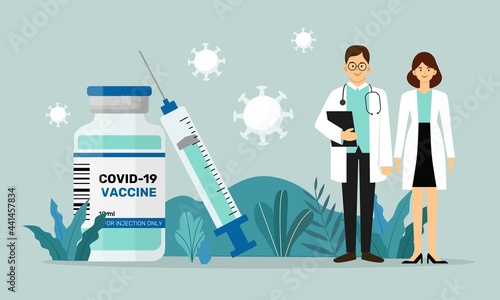 Male and female doctors isolated on blue background. Covid-19 coronavirus vaccine. Man and woman profession characters. Vector illustration