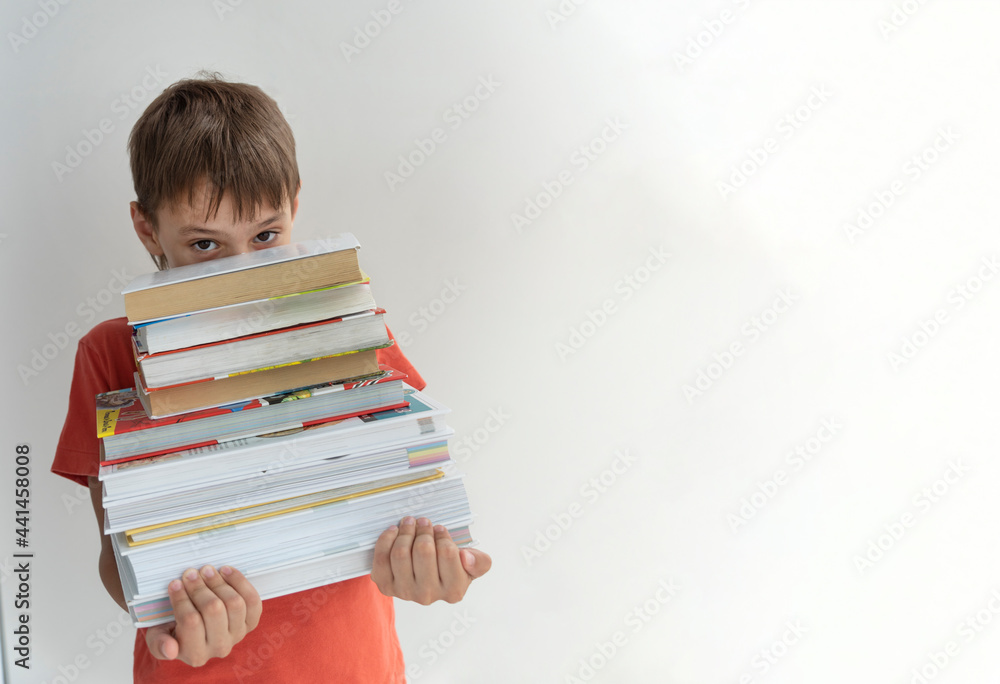 Boy with big heavy stack of books on light background, copy space for text. Clever, intelligent schoolboy, hunger for knowledge, educational concept Boy with big heavy stack of books on light background, copy space for text. Clever, intelligent schoolboy, hunger for knowledge, educational concept