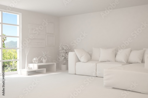 Mock up of stylish room in white color with sofa and green landscape in window. Scandinavian interior design. 3D illustration