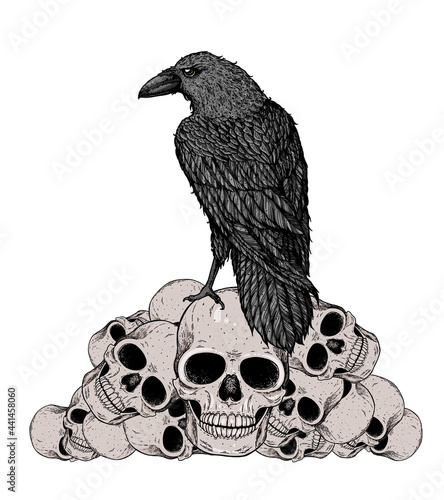 Black raven sits on the skulls. Skull and raven hand drawn illustration. Tattoo vintage print. Skull hand drawn print. Tattoo design. Pile of skulls and raven.