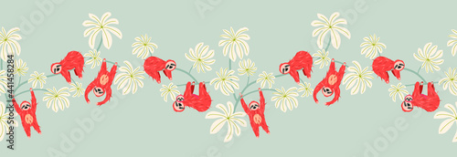 Cute sloth on floral tree pattern design. Seamless border background funny lazy animal