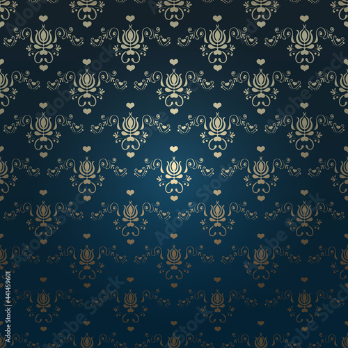 Victorian dark background. Beautiful damask ornament. Gold elements and glow effect background. Vector file. © MARINA