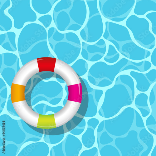 Blue swimming pool, water background with floating swim ring, vector illustration.