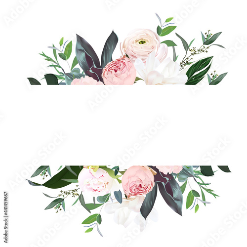 Dusty pink garden rose, peony, magnolia, ranunculus flower, tropical leaves vector design wedding banner