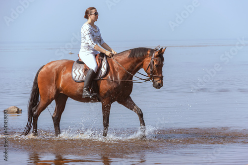 Young beautiful girl on a horse ride on the water on a hot summer day © Irina