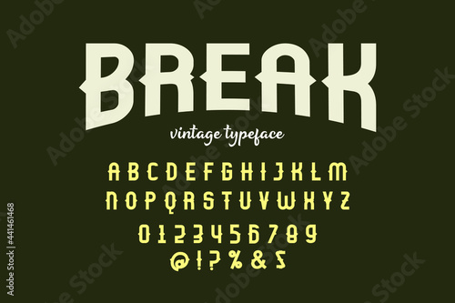 vintage font, green and orange background, vector alphabet, letters and numbers