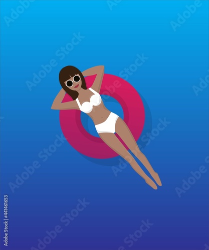 Women chilling on the pool float in the swimming pool, enjoy summer and relax. Vector illustration