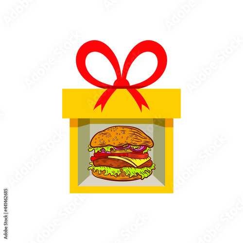 Vector yellow gift box with burger in it isolated on white background, bright colors.

