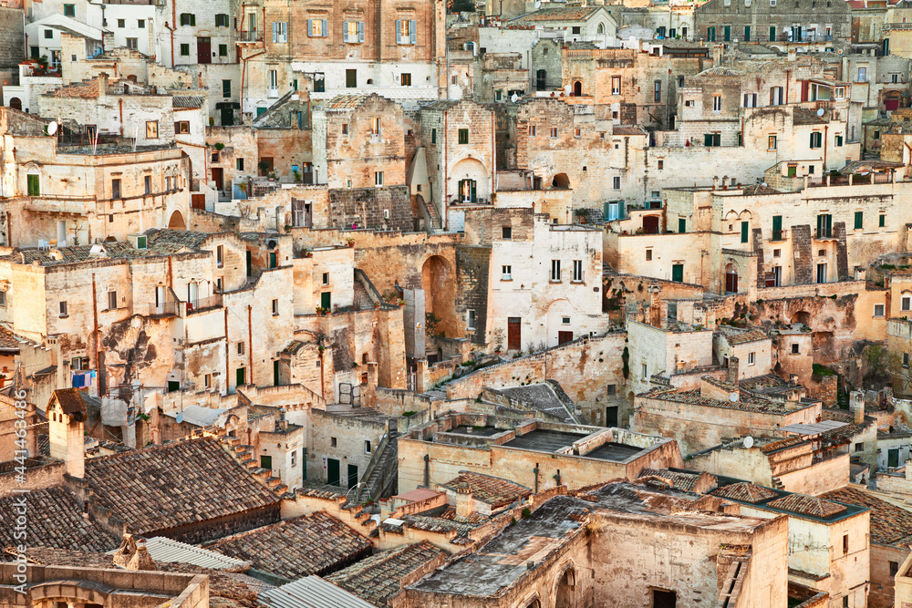 Matera, Basilicata, Italy: landscape at dawn of the picturesque old town called Sassi in the city European Capital of Culture 2019