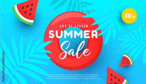 Summer sale vector illustration with tropical leaves, ripe watermelon slices pattern background. Promotion banner for website, flyer and poster. Vector illustration