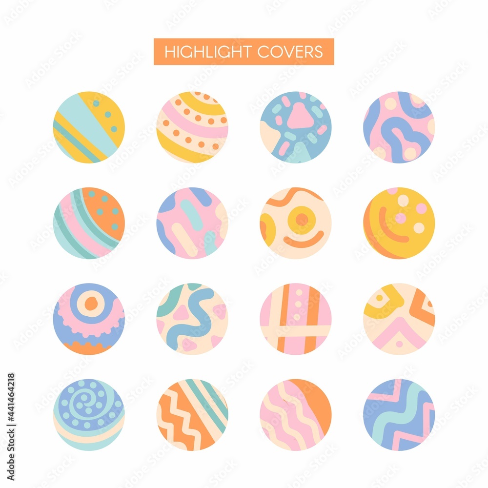 Collection of highlight story covers for social media. Set of pastel hand drawn backgrounds. Round elements and icons with abstract shapes, details, texture for your blog or website.