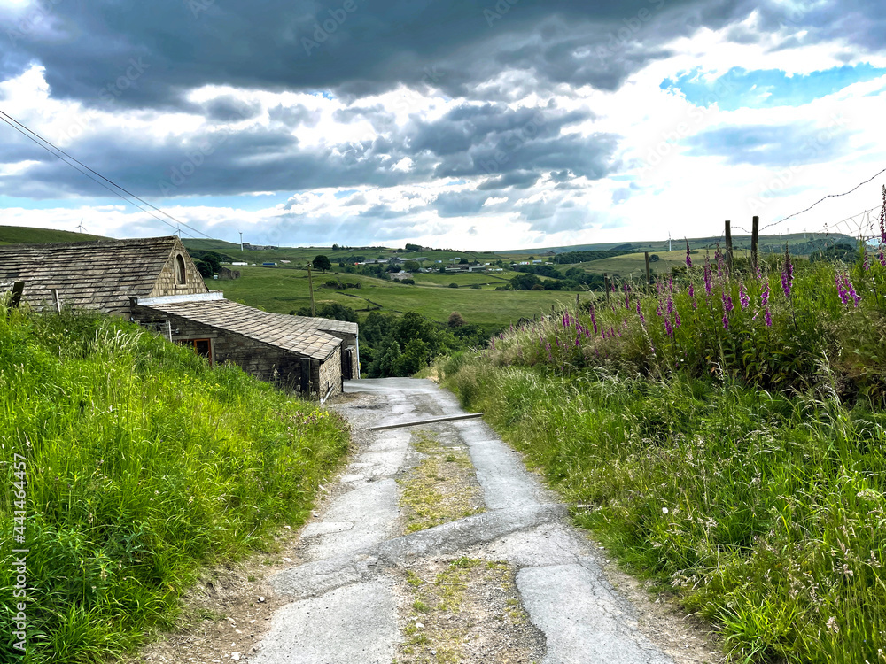 Track with wild plants, leading to a stone built farm, and hills in the far distance, on a cloudy day in, Stainland, Huddersfield, UK Track with wild plants, leading to a stone built farm, and hills in the far distance, on a cloudy day in, Stainland, Huddersfield, UK