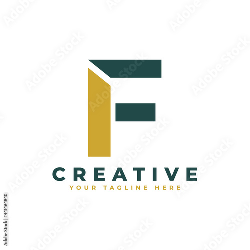 Modern Initial Letter F Logo. Gold and Green Geometric Shape. Usable for Business and Branding Logos.