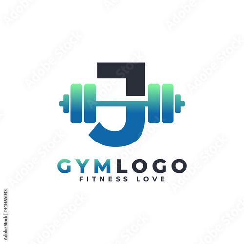 Letter J Logo With Barbell. Fitness Gym logo. Lifting Vector Logo Design For Gym and Fitness. Alphabet Letter Logo Template