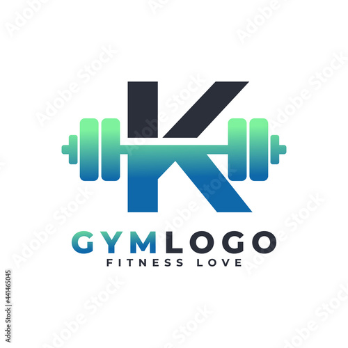 Letter K Logo With Barbell. Fitness Gym logo. Lifting Vector Logo Design For Gym and Fitness. Alphabet Letter Logo Template