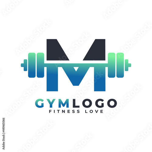 Letter M Logo With Barbell. Fitness Gym logo. Lifting Vector Logo Design For Gym and Fitness. Alphabet Letter Logo Template